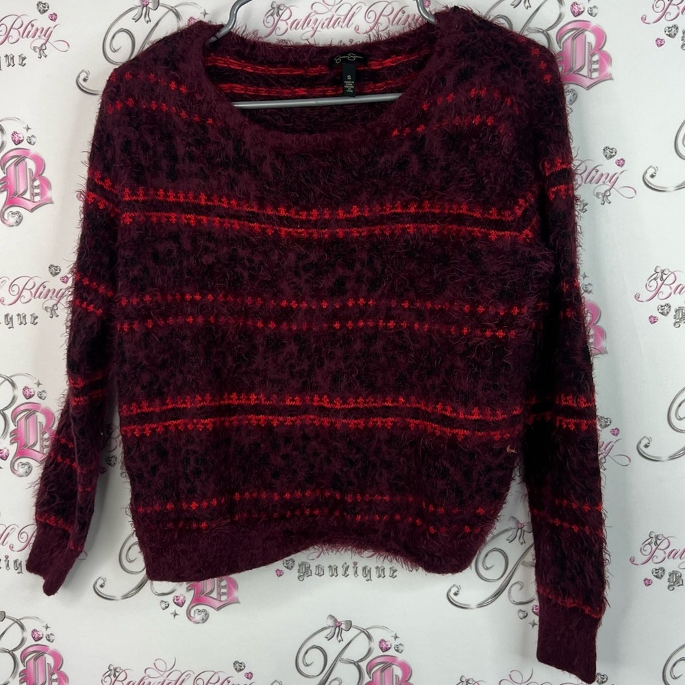 Jessica Simpson sweater furry fuzz stripes Burgundy and Red Fuzzy Sweater